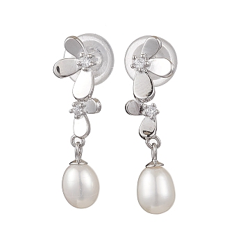 Natural Pearl Ear Studs, with Sterling Silver Micro Pave Clear Cubic Zirconia Findings, Oval & Flower, Platinum, 28x7mm