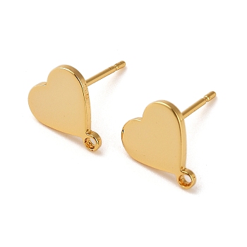 Brass Stud Earring Findings, Heart, Real 18K Gold Plated, 10x9mm, Hole: 1mm, Pin: 12x0.8mm