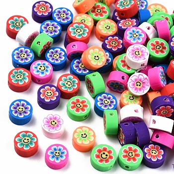 Handmade Polymer Clay Beads, Flat Round with Flower & Smiling Face, Mixed Color, 9.5x4.5mm, Hole: 1.5mm
