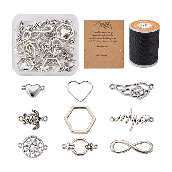 Alloy Link, with Waxed Polyester Cord, Cardboard Display Cards, Mixed Shape, Antique Silver & Platinum, Links: 36pcs, Waxed Polyester Cord: 1mm, 1roll