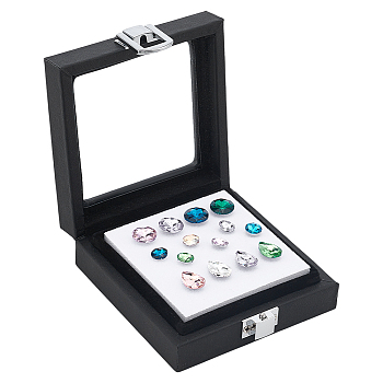 PU Leather Loose Diamnond Gemstone Display Boxes, Visible Glass Top Jewelry Display Cases with White Sponge Inside, Square, Black, 9x9x3.3cm