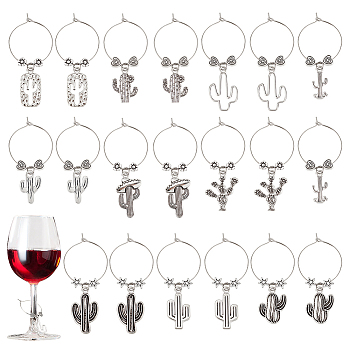 Cactus Tibetan Style Alloy Wine Glass Charms, with Brass Hoop Earring Findings, Antique Silver & Platinum, 52~58mm, 10 style, 2pcs/style, 20pcs/set