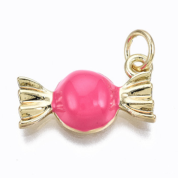Brass Enamel Charms, with Jump Rings, Cadmium Free & Nickel Free & Lead Free, Real 16K Gold Plated, Candy Shape, Hot Pink, 9.5x16x4mm, Jump Ring: 4.8x0.6mm, 3.6mm inner diameter