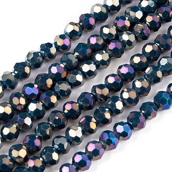 Faceted(32 Facets) Round Full Rainbow Plated Electroplate Glass Beads Strands, Marine Blue, 4mm, Hole: 1mm, about 90~95pcs/strand, 12.8~13.6 inch(32~34cm)