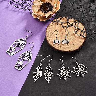 4 Pair 4 Style Spider & Coffin & Web 201 Stainless Steel Dangle Earrings(EJEW-JE05238)-4