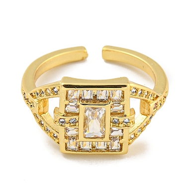 Rack Plating Brass Micro Pave Cubic Zirconia Rectangle Open Cuff Ring for Women(RJEW-C082-05G)-2