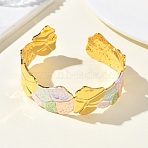 Textured Brass Enamel Cuff Bangles for Women, Leaf, Cadmium Free & Lead Free, Long-Lasting Plated, Rack Plating, Real 18K Gold Plated, Colorful, Inner Diameter: 2.17x2.01 inch(5.5x5.1cm)(BJEW-A173-04G)