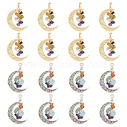 16Pcs 2 Styles 7 Chakra Natural Mixed Gemstone Chip Pendants, Alloy Moon Charms, Mixed Color, 40~40.5x30~35x1.8~4mm, Hole: 1.5~7mm, 8pcs/style(G-HY0001-42)