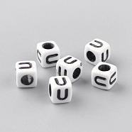 Opaque Acrylic Beads, Letter Style, Cube, Letter.U, 6x6x6mm, Hole: 3mm, about 3000pcs/500g(SACR-Q188-02U)