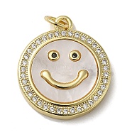 Brass Micro Pave Cubic Zirconia Pendants, with Shell, Flat Round with Smiling Face, Real 18K Gold Plated, 20.5x18x3mm(KK-Q808-08G)