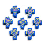 Handmade Polymer Clay Beads, Cross, Blue, 12x10x4.5mm, Hole: 1.6mm(CLAY-T020-30A)