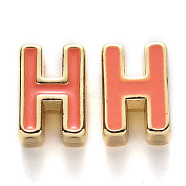 Rack Plating Alloy Enamel Beads, Cadmium Free & Nickel Free & Lead Free, Light Gold, Coral, Letter.H, H: 10x7x4.5mm, Hole: 1.6mm(X-ENAM-S122-033H-NR)
