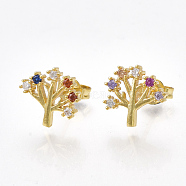 Brass Micro Pave Cubic Zirconia(Random Mixed Color) Ear Studs, with Ear Nuts, Tree, Golden, 10.5x10.5mm, Pin: 0.7mm(EJEW-S201-92)