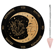 AHADEMAKER 1Pc Wood Pendulum Board, 1Pc 304 Stainless Steel Cable Chain Necklaces, 1Pc Natural Rose Quartz Stone Pendants, for Witchcraft Wiccan Altar Supplies, Moon Pattern, Board: 200x4mm(DIY-GA0005-13D)