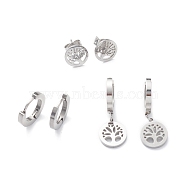 3 Pairs 3 Style 304 Stainless Steel Tree of Life Dangle Hoop Earrings, Stud Earrings for Women, Stainless Steel Color, 9~27mm, Pin: 1mm, 1 Pair/style(EJEW-B020-09P)