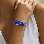 Elegant Alloy Peacock Capri Blue Rhinestone Leaf Link Bracelets, Real 14K Gold Plated, 7-1/8 inch(18cm)(JH0716)