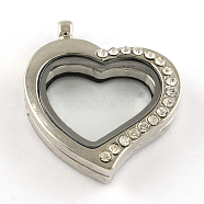 Heart Alloy Rhinestone Magnetic Floating Locket Pendants, Cadmium Free & Lead Free, with Glass Cabochons, Platinum, 34x29x7mm, Hole: 3mm(PALLOY-S039-04)