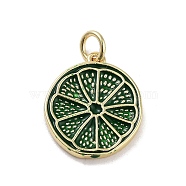 Rack Plating Brass Enamel Pendants, with Jump Ring, Long-Lasting Plated, Cadmium Free & Lead Free, Lemon Slices Charm, Real 18K Gold Plated, Dark Green, 17x14.5x2mm, Hole: 3mm(KK-M293-39G-05)