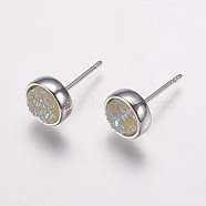 Resin Imitation Druzy Quartz Earring, Flat Round, Platinum, Beige, 8x15.5~16mm, Pin: 0.8mm(X-EJEW-E226-01P-05)