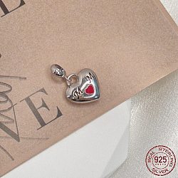 Rhodium Plated 925 Sterling Silver Enamel European Dangle Charms, Large Hole Pendants, Heart with Word Mom, Real Platinum Plated, 20mm, Hole: 4.2mm(STER-P054-14P)