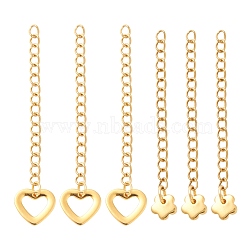 6Pcs 2 Style 304 Stainless Steel Curb Chain Extender, with Charms, Flower & Hollow Heart, Golden, 56~62mm, Link: 3.7~4x3x0.5mm, 3pcs/style(STAS-FS0001-15G)