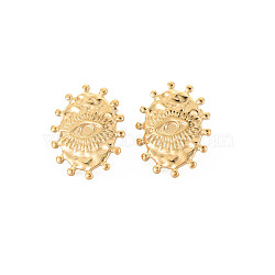 Ion Plating(IP) 304 Stainless Steel Stud Earring Findings, Earring Setting for Enamel, with Ear Nuts and Loops, Oval with Evil Eye, Real 14K Gold Plated, 19x15mm, Hole: 2mm, Pin: 0.7mm, Tray: 2mm(X-STAS-N097-220LG)