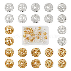 Pandahall 30Pcs 6 Style Brass Beads, Hollow, Round, Golden & Silver, 7.5~8.5x7.5mm, Hole: 1.2~1.6mm, 5pcs/style(KK-TA0001-24)