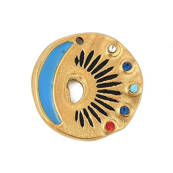 304 Stainless Steel Enamel Pendants, with Rhinestone, Flat Round with Eye Charm, Golden, Steel Blue, 19x19x3mm, Hole: 1.4mm