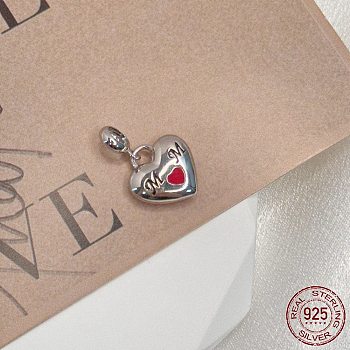 Rhodium Plated 925 Sterling Silver Enamel European Dangle Charms, Large Hole Pendants, Heart with Word Mom, Real Platinum Plated, 20mm, Hole: 4.2mm