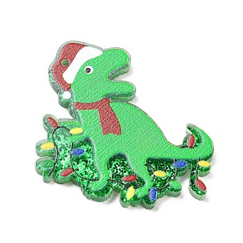 Printed  Acrylic Pendants, with Glitter Sequins, for Christmas, Dinosaur with Hat Charm, Lime Green, 42x31x2mm, Hole: 1.6mm