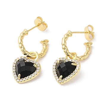 Glass Heart Dangle Stud Earrings with Cubic Zirconia, Real 18K Gold Plated Brass Jewelry for Women, Black, 32~32.5x13~13.5mm