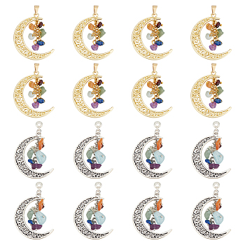 16Pcs 2 Styles 7 Chakra Natural Mixed Gemstone Chip Pendants, Alloy Moon Charms, Mixed Color, 40~40.5x30~35x1.8~4mm, Hole: 1.5~7mm, 8pcs/style