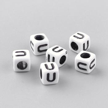 Opaque Acrylic Beads, Letter Style, Cube, Letter.U, 6x6x6mm, Hole: 3mm, about 3000pcs/500g
