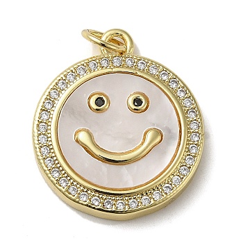 Brass Micro Pave Cubic Zirconia Pendants, with Shell, Flat Round with Smiling Face, Real 18K Gold Plated, 20.5x18x3mm