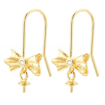 925 Sterling Silver Earring Hooks, with Clear Cubic Zirconia, Ear Wire with Pinch Bails, for Half Drilled Beads, with S925 Stamp, Bowknot, Real 18K Gold Plated, 20.5x10~12x0.6mm, Pin: 0.6mm, tray pin: 0.6mm, bowknot: 5.5x10.5x3mm