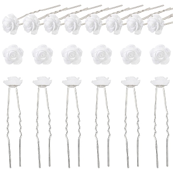 CHGCRAFT 20Pcs Platinum Tone Alloy Hair Forks, with Resin Rose Flower, White, 66.5x14.5x15mm