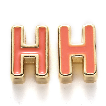 Rack Plating Alloy Enamel Beads, Cadmium Free & Nickel Free & Lead Free, Light Gold, Coral, Letter.H, H: 10x7x4.5mm, Hole: 1.6mm