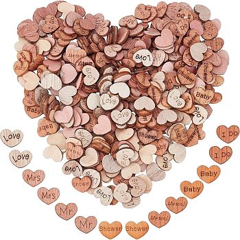 SUPERFINDINGS 4 Styles Heart with Love & Word Wood Cabochons, Home Decorations, Mixed Color, 11.5~12x14.5~15x2mm