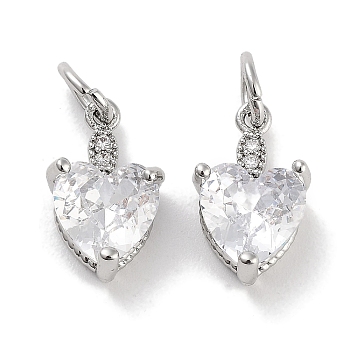 Brass Micro Pave Cubic Zirconia Charms, with Jump Ring, Heart, Platinum, Clear, 13x7.5x5mm, Hole: 3mm