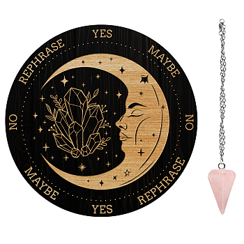 AHADEMAKER 1Pc Wood Pendulum Board, 1Pc 304 Stainless Steel Cable Chain Necklaces, 1Pc Natural Rose Quartz Stone Pendants, for Witchcraft Wiccan Altar Supplies, Moon Pattern, Board: 200x4mm