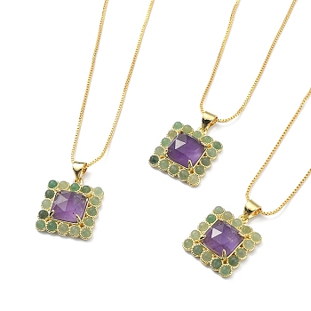 Natural Amethyst & Green Aventurine Rectangle Pendant Necklace, Real 18K Gold Plated Brass Jewelry, 17.48~17.68 inch(44.4~44.9cm)