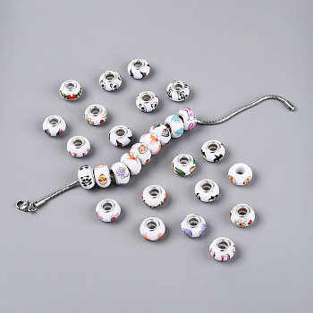 Opaque Resin European Beads, Rondelle Large Hole Beads, with Silver Color Plated Brass Cores, Mixed Color, Mixed Shapes, 13.5~14x9mm, Hole: 5mm