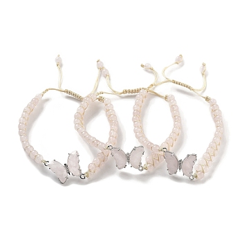 Natural Rose Quartz Braided Round Bead Bracelets, Adjustable Brass Gems Butterfly Bracelets for Women, Inner Diameter: 2-1/8~3-1/4 inch(5.5~8.1cm)