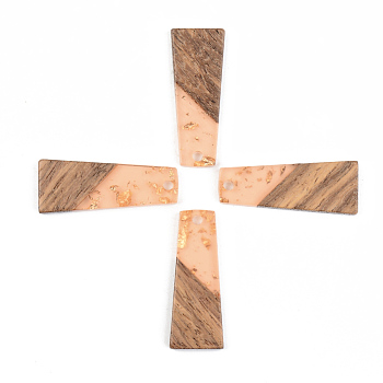 Transparent Resin & Walnut Wood Pendants, with Gold Foil, Trapezoid, Dark Salmon, 30x12x3mm, Hole: 2mm