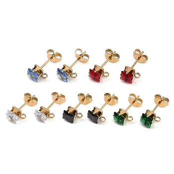 Ion Plating(IP) 304 Stainless Steel Cubic Zirconia Stud Earring Findings, Square, Mixed Color, 7x5.5mm, Hole: 1.4mm, Pin: 0.8mm