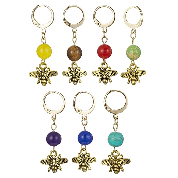 Alloy Bees Pendant Decoration, with Natural & Synthetic Gemstone Bead and 304 Stainless Steel Clasp, Mixed Color, 40mm, 7pcs/set