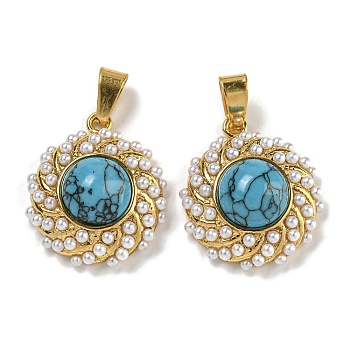 Ion Plating(IP) 304 Stainless Steel Pave Synthetic Turquoise Pendants, with ABS Plastic Pearl, Golden, Vortex, 19x16x6.5mm, Hole: 5x3mm