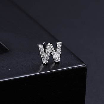 Platinum Brass Micro Pave Cubic Zirconia Stud Earrings, Initial Letter, Letter W, No Size