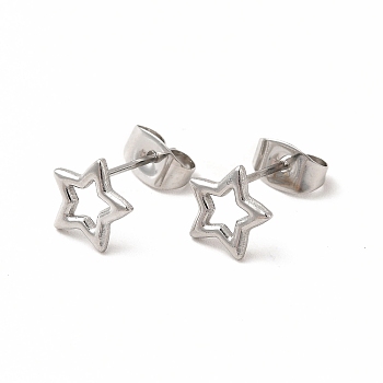 304 Stainless Steel Hollow Out Star Stud Earrings for Women, Stainless Steel Color, 7.5x8mm, Pin: 0.7mm