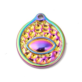 Ion Plating(IP) 304 Stainless Steel Pendants, Flat Round with Eye Charms, Rainbow Color, 20x17x2mm, Hole: 1.6mm